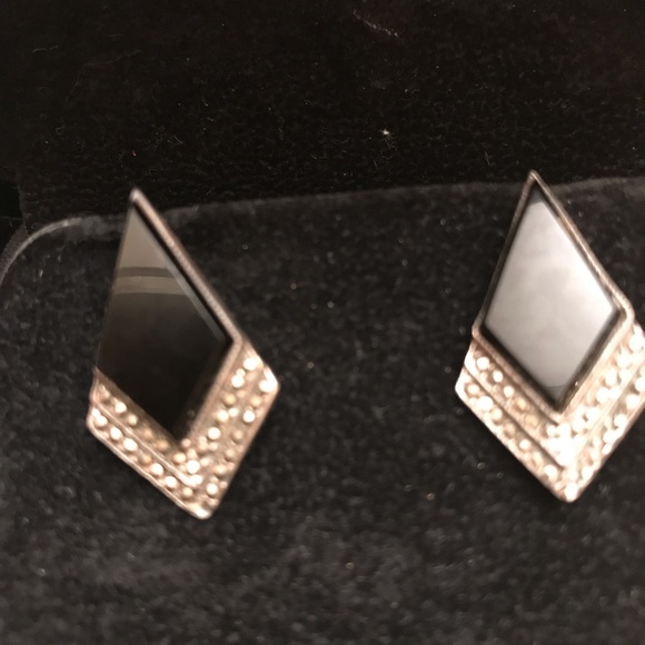 STERLING SILVER AND ONYX AND MARCASITE EARRINGS SET HANDCRAFTED - Picture 2 of 10
